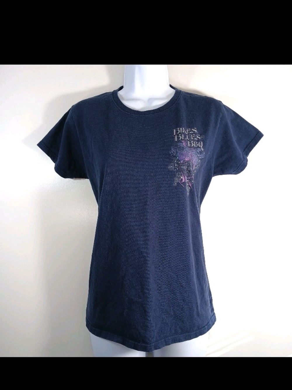 Harley Davidson Motorcycles Bikes Blues BBQ Embellished Blue Shirt Women M 2018